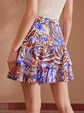 MOTF PREMIUM TROPICAL PRINT BUCKLE BELTED LAYERED RUFFLE HEM SKIRT MOTF PREMIUM TROPICAL PRINT BUCKLE BELTED LAYERED RUFFLE HEM SKIRT