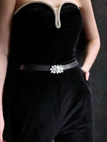 MOTF PREMIUM VELVET CONTRAST RHINESTONE TRIM TUBE JUMPSUIT WITH BELT MOTF PREMIUM VELVET CONTRAST RHINESTONE TRIM TUBE JUMPSUIT WITH BELT