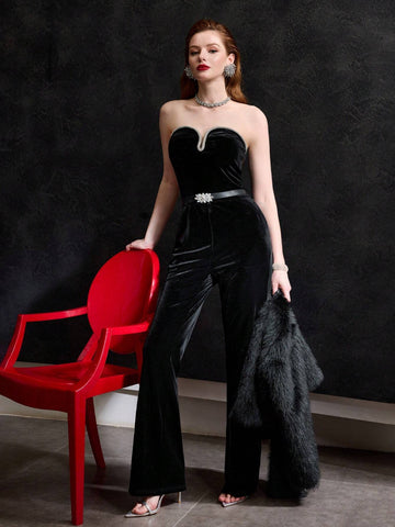 MOTF PREMIUM VELVET CONTRAST RHINESTONE TRIM TUBE JUMPSUIT WITH BELT MOTF PREMIUM VELVET CONTRAST RHINESTONE TRIM TUBE JUMPSUIT WITH BELT