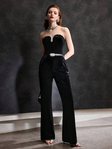 MOTF PREMIUM VELVET CONTRAST RHINESTONE TRIM TUBE JUMPSUIT WITH BELT MOTF PREMIUM VELVET CONTRAST RHINESTONE TRIM TUBE JUMPSUIT WITH BELT