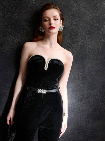 MOTF PREMIUM VELVET CONTRAST RHINESTONE TRIM TUBE JUMPSUIT WITH BELT MOTF PREMIUM VELVET CONTRAST RHINESTONE TRIM TUBE JUMPSUIT WITH BELT