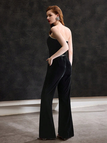 MOTF PREMIUM VELVET CONTRAST RHINESTONE TRIM TUBE JUMPSUIT WITH BELT MOTF PREMIUM VELVET CONTRAST RHINESTONE TRIM TUBE JUMPSUIT WITH BELT