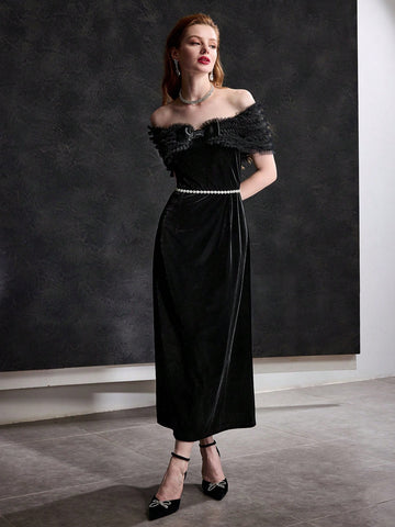 MOTF PREMIUM VELVET OFF SHOULDER CONTRAST MESH BOW FRONT COCKTAIL DRESS WITHOUT BELT MOTF PREMIUM VELVET OFF SHOULDER CONTRAST MESH BOW FRONT COCKTAIL DRESS WITHOUT BELT