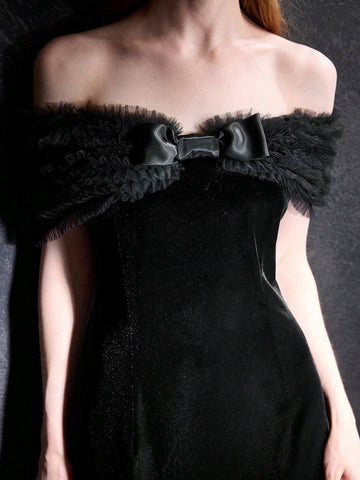 MOTF PREMIUM VELVET OFF SHOULDER CONTRAST MESH BOW FRONT COCKTAIL DRESS WITHOUT BELT MOTF PREMIUM VELVET OFF SHOULDER CONTRAST MESH BOW FRONT COCKTAIL DRESS WITHOUT BELT