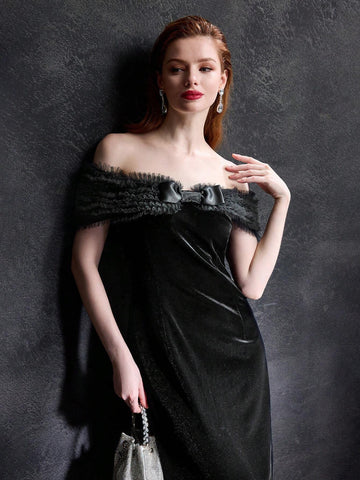 MOTF PREMIUM VELVET OFF SHOULDER CONTRAST MESH BOW FRONT COCKTAIL DRESS WITHOUT BELT MOTF PREMIUM VELVET OFF SHOULDER CONTRAST MESH BOW FRONT COCKTAIL DRESS WITHOUT BELT