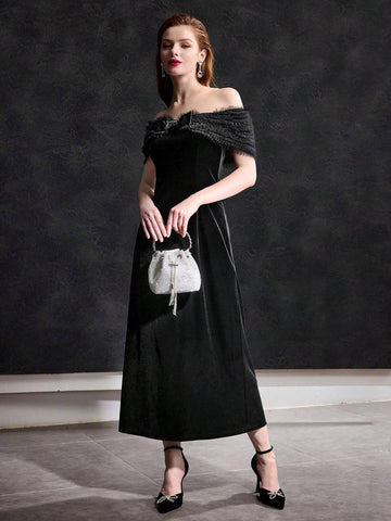 MOTF PREMIUM VELVET OFF SHOULDER CONTRAST MESH BOW FRONT COCKTAIL DRESS WITHOUT BELT MOTF PREMIUM VELVET OFF SHOULDER CONTRAST MESH BOW FRONT COCKTAIL DRESS WITHOUT BELT