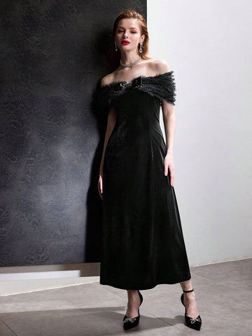 MOTF PREMIUM VELVET OFF SHOULDER CONTRAST MESH BOW FRONT COCKTAIL DRESS WITHOUT BELT MOTF PREMIUM VELVET OFF SHOULDER CONTRAST MESH BOW FRONT COCKTAIL DRESS WITHOUT BELT