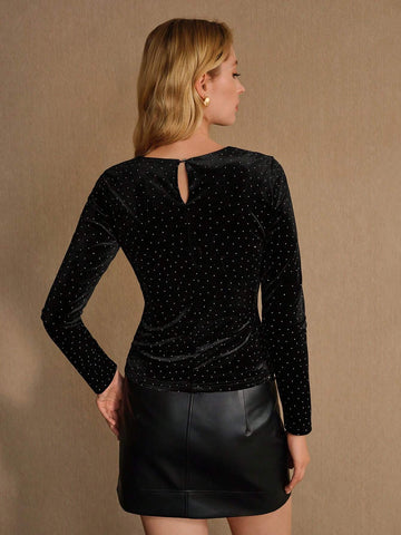 MOTF PREMIUM VELVET RHINESTONE RUCHED FRONT LONG SLEEVE TEE MOTF PREMIUM VELVET RHINESTONE RUCHED FRONT LONG SLEEVE TEE