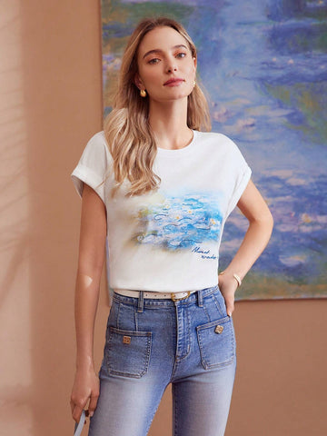 MOTF PREMIUM WATER LILY AND LETTER GRAPHIC CUFFED BATWING SLEEVE TEE MOTF PREMIUM WATER LILY AND LETTER GRAPHIC CUFFED BATWING SLEEVE TEE