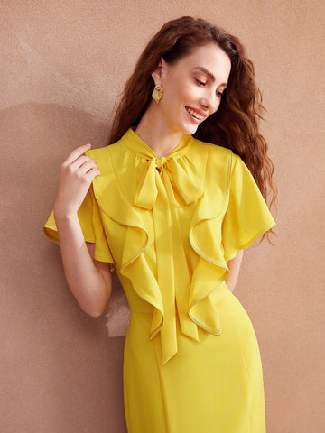 MOTF PREMIUM WOVEN TIE NECK RUFFLE TRIM DRESS FOR WOMEN MOTF PREMIUM WOVEN TIE NECK RUFFLE TRIM DRESS FOR WOMEN