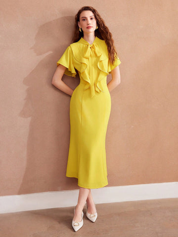 MOTF PREMIUM WOVEN TIE NECK RUFFLE TRIM DRESS FOR WOMEN MOTF PREMIUM WOVEN TIE NECK RUFFLE TRIM DRESS FOR WOMEN