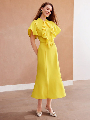 MOTF PREMIUM WOVEN TIE NECK RUFFLE TRIM DRESS FOR WOMEN MOTF PREMIUM WOVEN TIE NECK RUFFLE TRIM DRESS FOR WOMEN