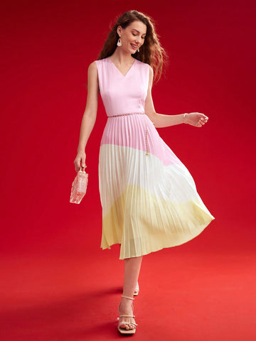 MOTF PREMIUM WOVEN WOMEN'S COLOR BLOCK PLEATED HEM DRESS MOTF PREMIUM WOVEN WOMEN'S COLOR BLOCK PLEATED HEM DRESS