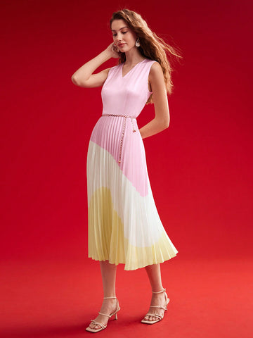 MOTF PREMIUM WOVEN WOMEN'S COLOR BLOCK PLEATED HEM DRESS MOTF PREMIUM WOVEN WOMEN'S COLOR BLOCK PLEATED HEM DRESS