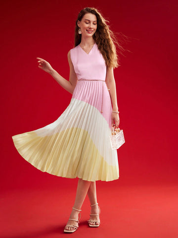 MOTF PREMIUM WOVEN WOMEN'S COLOR BLOCK PLEATED HEM DRESS MOTF PREMIUM WOVEN WOMEN'S COLOR BLOCK PLEATED HEM DRESS