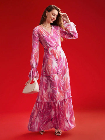 MOTF PREMIUM WOVEN WOMEN'S FULL PRINTED RUFFLE SLEEVE DRESS MOTF PREMIUM WOVEN WOMEN'S FULL PRINTED RUFFLE SLEEVE DRESS