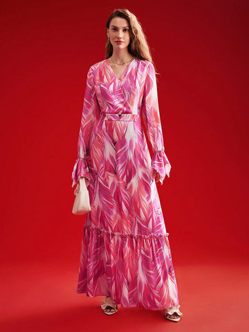 MOTF PREMIUM WOVEN WOMEN'S FULL PRINTED RUFFLE SLEEVE DRESS MOTF PREMIUM WOVEN WOMEN'S FULL PRINTED RUFFLE SLEEVE DRESS