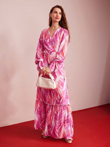 MOTF PREMIUM WOVEN WOMEN'S FULL PRINTED RUFFLE SLEEVE DRESS MOTF PREMIUM WOVEN WOMEN'S FULL PRINTED RUFFLE SLEEVE DRESS