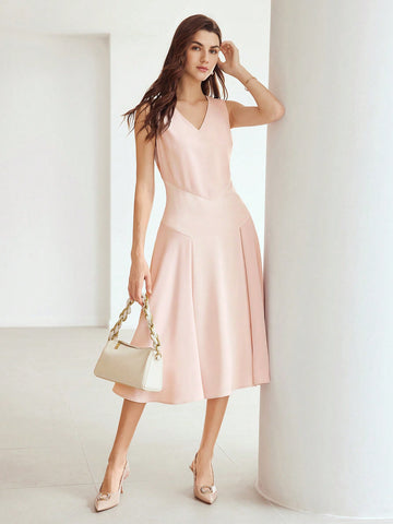 MOTF PREMIUM WOVEN WOMEN'S V-NECK FOLD PLEATED DRESS MOTF PREMIUM WOVEN WOMEN'S V-NECK FOLD PLEATED DRESS