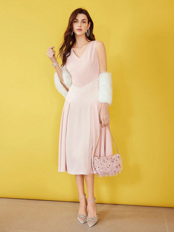 MOTF PREMIUM WOVEN WOMEN'S V-NECK FOLD PLEATED DRESS MOTF PREMIUM WOVEN WOMEN'S V-NECK FOLD PLEATED DRESS