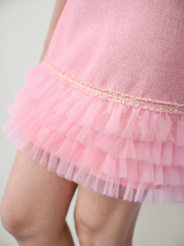 MOTF STUDIO TWEED CONTRAST MESH RUFFLE HEM DRESS,VALENTINE'S DAY OUTFIT MOTF STUDIO TWEED CONTRAST MESH RUFFLE HEM DRESS,VALENTINE'S DAY OUTFIT