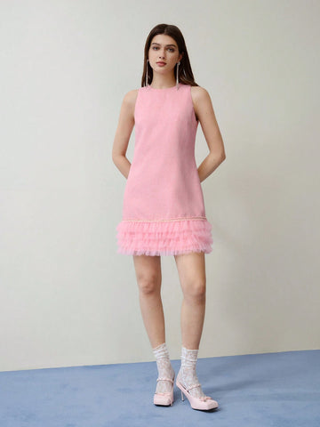 MOTF STUDIO TWEED CONTRAST MESH RUFFLE HEM DRESS,VALENTINE'S DAY OUTFIT MOTF STUDIO TWEED CONTRAST MESH RUFFLE HEM DRESS,VALENTINE'S DAY OUTFIT