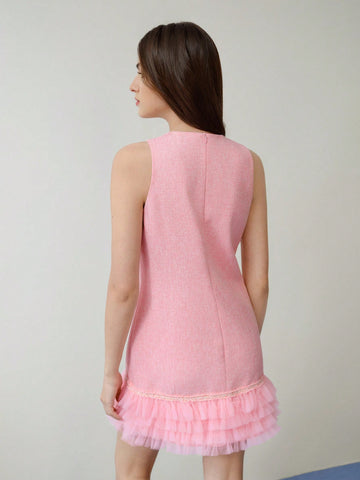 MOTF STUDIO TWEED CONTRAST MESH RUFFLE HEM DRESS,VALENTINE'S DAY OUTFIT MOTF STUDIO TWEED CONTRAST MESH RUFFLE HEM DRESS,VALENTINE'S DAY OUTFIT