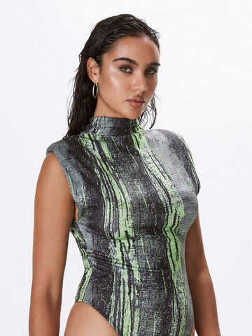 MUSERA High Neck Printed Bodysuit With Shoulder Pads MUSERA High Neck Printed Bodysuit With Shoulder Pads