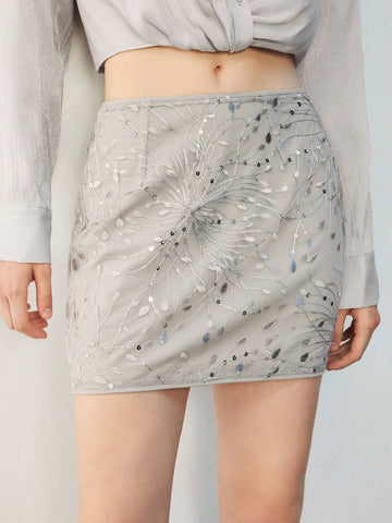 Maija Beaded Embroidery Grey & Silver Mini Skirt, Elegant A-Line Skirt Maija Beaded Embroidery Grey & Silver Mini Skirt, Elegant A-Line Skirt
