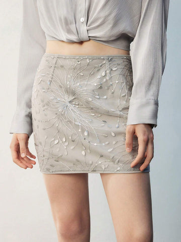 Maija Beaded Embroidery Grey & Silver Mini Skirt, Elegant A-Line Skirt Maija Beaded Embroidery Grey & Silver Mini Skirt, Elegant A-Line Skirt
