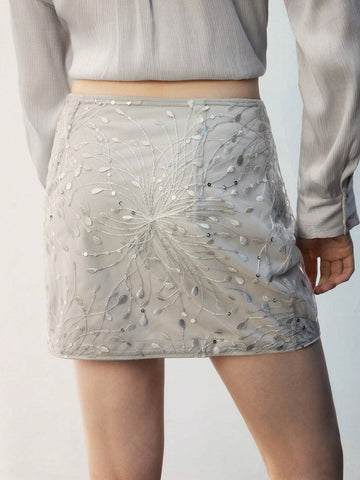Maija Beaded Embroidery Grey & Silver Mini Skirt, Elegant A-Line Skirt Maija Beaded Embroidery Grey & Silver Mini Skirt, Elegant A-Line Skirt