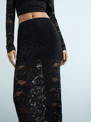 Maija New Autumn/Winter Urban Chic Elegant Black Lace A-Line Skirt, Suitable For Everyday Wea Maija New Autumn/Winter Urban Chic Elegant Black Lace A-Line Skirt, Suitable For Everyday Wea
