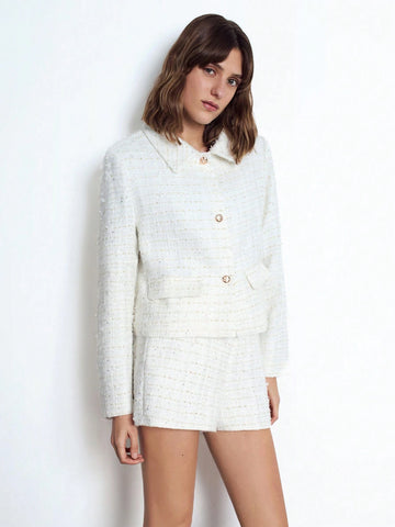 Maija Women's Autumn/Winter White Elegant Thick Woolen Blend Elastic Waist Fashionable Business Casual Shorts Suit Maija Women's Autumn/Winter White Elegant Thick Woolen Blend Elastic Waist Fashionable Business Casual Shorts Suit