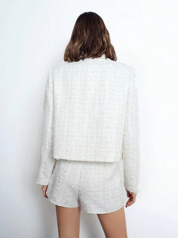 Maija Women's Autumn/Winter White Elegant Thick Woolen Blend Elastic Waist Fashionable Business Casual Shorts Suit Maija Women's Autumn/Winter White Elegant Thick Woolen Blend Elastic Waist Fashionable Business Casual Shorts Suit