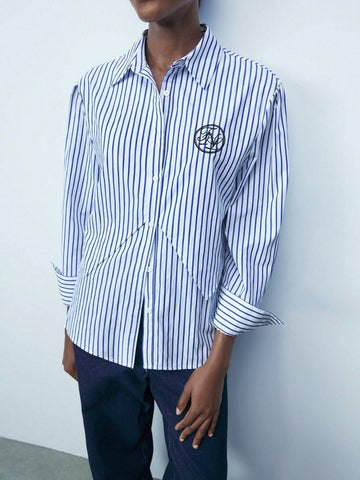 Maija Women's Autumn Letter & Striped Long Sleeve Single-Breasted Casual Shirt Maija Women's Autumn Letter & Striped Long Sleeve Single-Breasted Casual Shirt