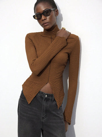 Women's Brown High Neck Fitted Hem Top, Versatile All-Match Pullover For Autumn And Winter, Modern And Comfortable Women's Brown High Neck Fitted Hem Top, Versatile All-Match Pullover For Autumn And Winter, Modern And Comfortable