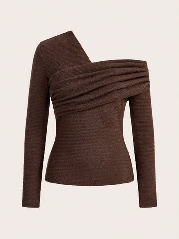 Women's Casual Asymmetric Neck Fitted Long Sleeve Simple Elegant Solid Color T-Shirt, Autumn Women's Casual Asymmetric Neck Fitted Long Sleeve Simple Elegant Solid Color T-Shirt, Autumn