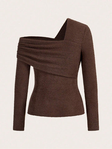 Women's Casual Asymmetric Neck Fitted Long Sleeve Simple Elegant Solid Color T-Shirt, Autumn Women's Casual Asymmetric Neck Fitted Long Sleeve Simple Elegant Solid Color T-Shirt, Autumn