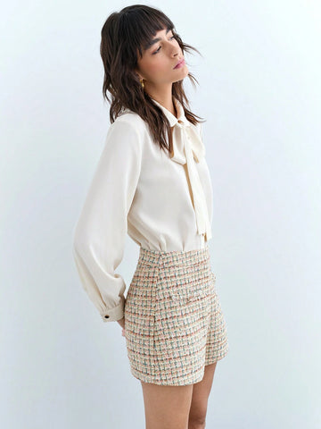 Maija Women's Elegant Colored Plaid Thick Wool Blend Shorts, Autumn/Winter Maija Women's Elegant Colored Plaid Thick Wool Blend Shorts, Autumn/Winter