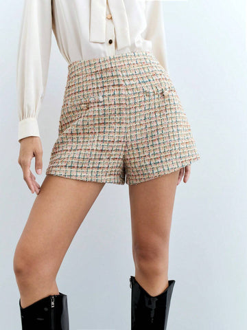 Maija Women's Elegant Colored Plaid Thick Wool Blend Shorts, Autumn/Winter Maija Women's Elegant Colored Plaid Thick Wool Blend Shorts, Autumn/Winter