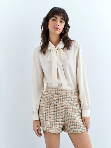 Maija Women's Elegant Colored Plaid Thick Wool Blend Shorts, Autumn/Winter Maija Women's Elegant Colored Plaid Thick Wool Blend Shorts, Autumn/Winter