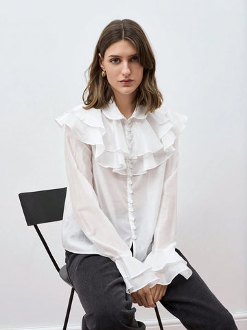 Maija Women's Elegant Solid Color Ruffle Flare Sleeve Blouse Maija Women's Elegant Solid Color Ruffle Flare Sleeve Blouse