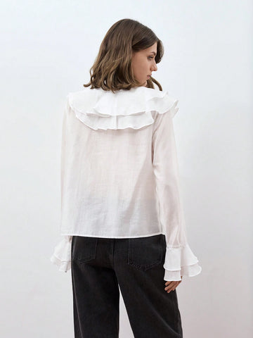 Maija Women's Elegant Solid Color Ruffle Flare Sleeve Blouse Maija Women's Elegant Solid Color Ruffle Flare Sleeve Blouse