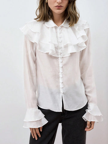 Maija Women's Elegant Solid Color Ruffle Flare Sleeve Blouse Maija Women's Elegant Solid Color Ruffle Flare Sleeve Blouse