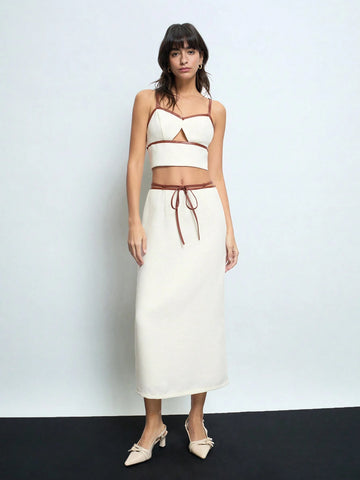 Maija Women's New Year Contrast Color Tie Cord Thick Tweed Straight White Midi Skirt Valentines Day Maija Women's New Year Contrast Color Tie Cord Thick Tweed Straight White Midi Skirt Valentines Day