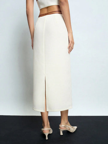 Maija Women's New Year Contrast Color Tie Cord Thick Tweed Straight White Midi Skirt Valentines Day Maija Women's New Year Contrast Color Tie Cord Thick Tweed Straight White Midi Skirt Valentines Day