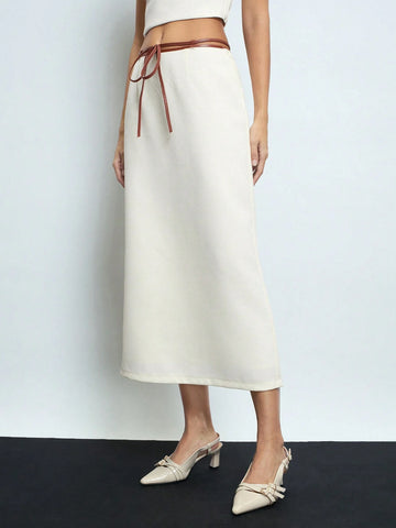 Maija Women's New Year Contrast Color Tie Cord Thick Tweed Straight White Midi Skirt Valentines Day Maija Women's New Year Contrast Color Tie Cord Thick Tweed Straight White Midi Skirt Valentines Day