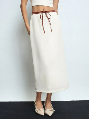 Maija Women's New Year Contrast Color Tie Cord Thick Tweed Straight White Midi Skirt Valentines Day Maija Women's New Year Contrast Color Tie Cord Thick Tweed Straight White Midi Skirt Valentines Day