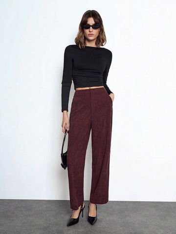 Maija Women's Red Elegant Solid Color Elastic Waist Loose Straight Casual Pants With Pockets, Versatile For Autumn/Winter Maija Women's Red Elegant Solid Color Elastic Waist Loose Straight Casual Pants With Pockets, Versatile For Autumn/Winter