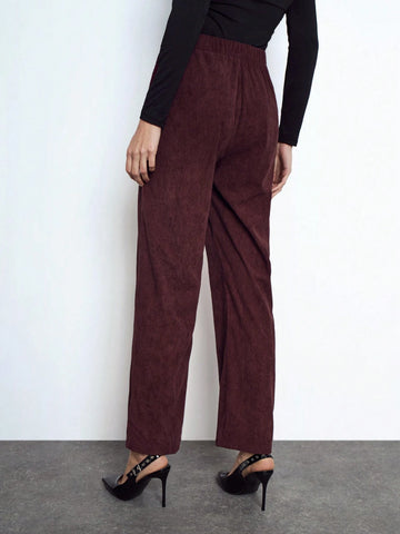 Maija Women's Red Elegant Solid Color Elastic Waist Loose Straight Casual Pants With Pockets, Versatile For Autumn/Winter Maija Women's Red Elegant Solid Color Elastic Waist Loose Straight Casual Pants With Pockets, Versatile For Autumn/Winter